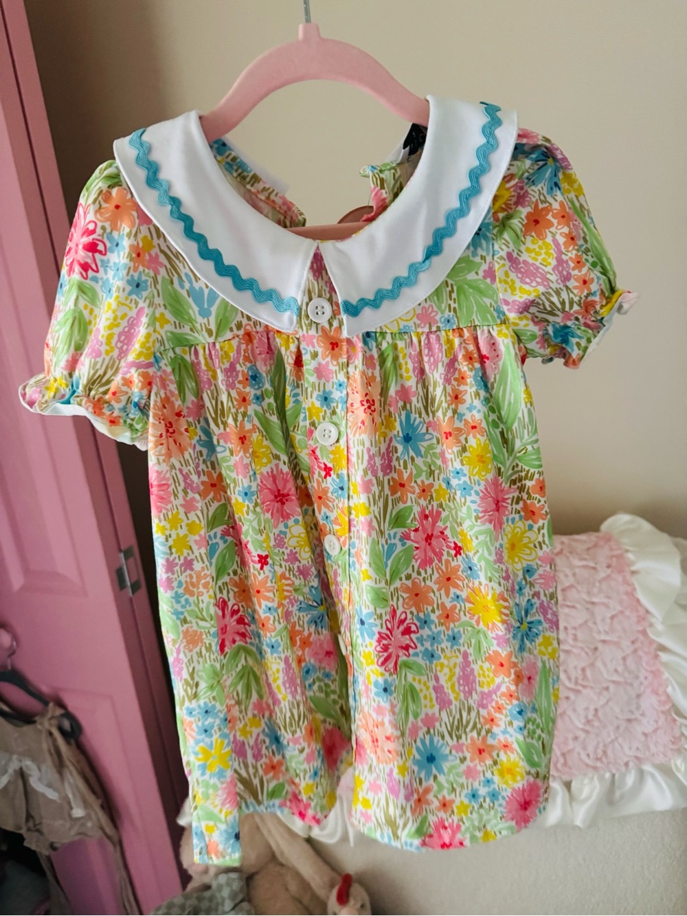 Girls Floral Peter Pan Collar Dress - White Collar, Multicolor Floral